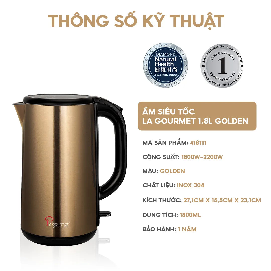 Ấm siêu tốc chống bỏng La Gourmet 1.8L Golden - 418111