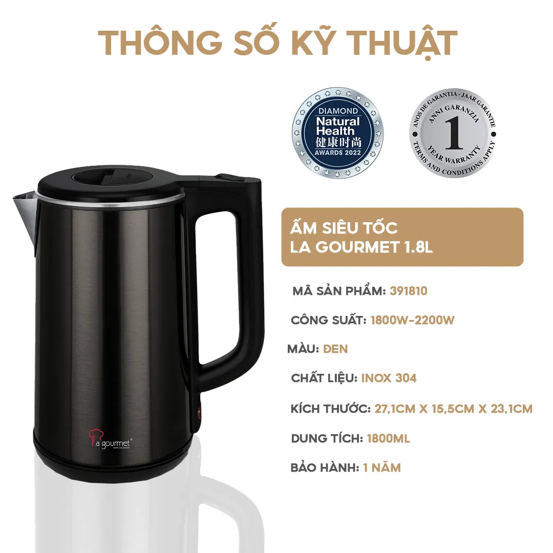 Ấm siêu tốc chống bỏng La Gourmet 1.8L Đen - 391810