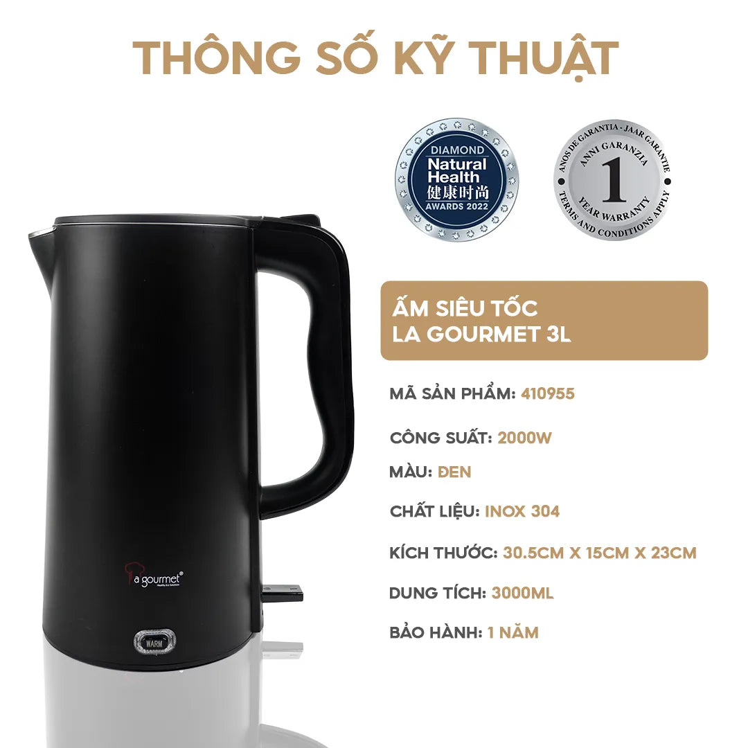 Ấm siêu tốc chống bỏng La gourmet  Titannium 3,0L Đen - 410955