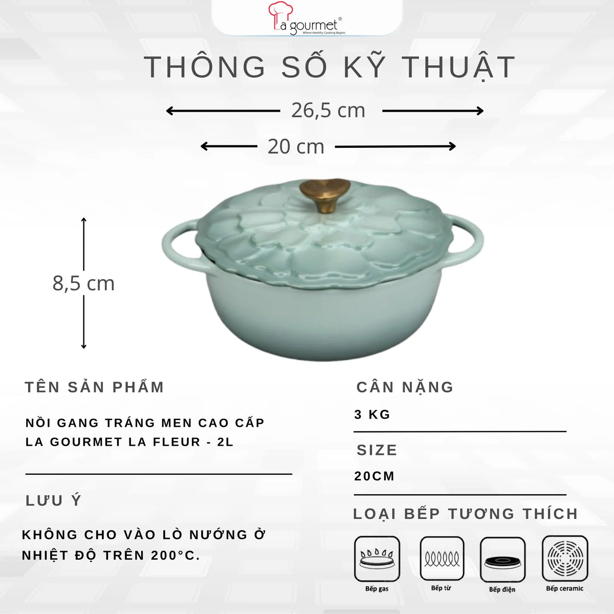 Nồi Gang Tráng Men La gourmet HOA Collection 20cm 2L Màu Molucella - 438133