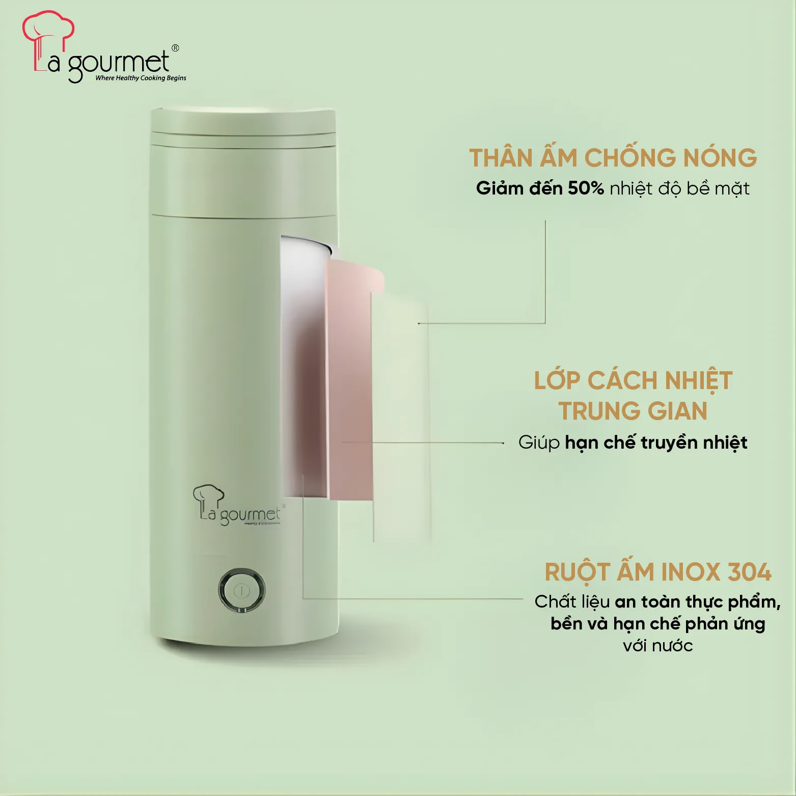 Bình đun nước điện du lịch La gourmet 0.35L inox 304 liền khối – Vanilla Cream – 422101